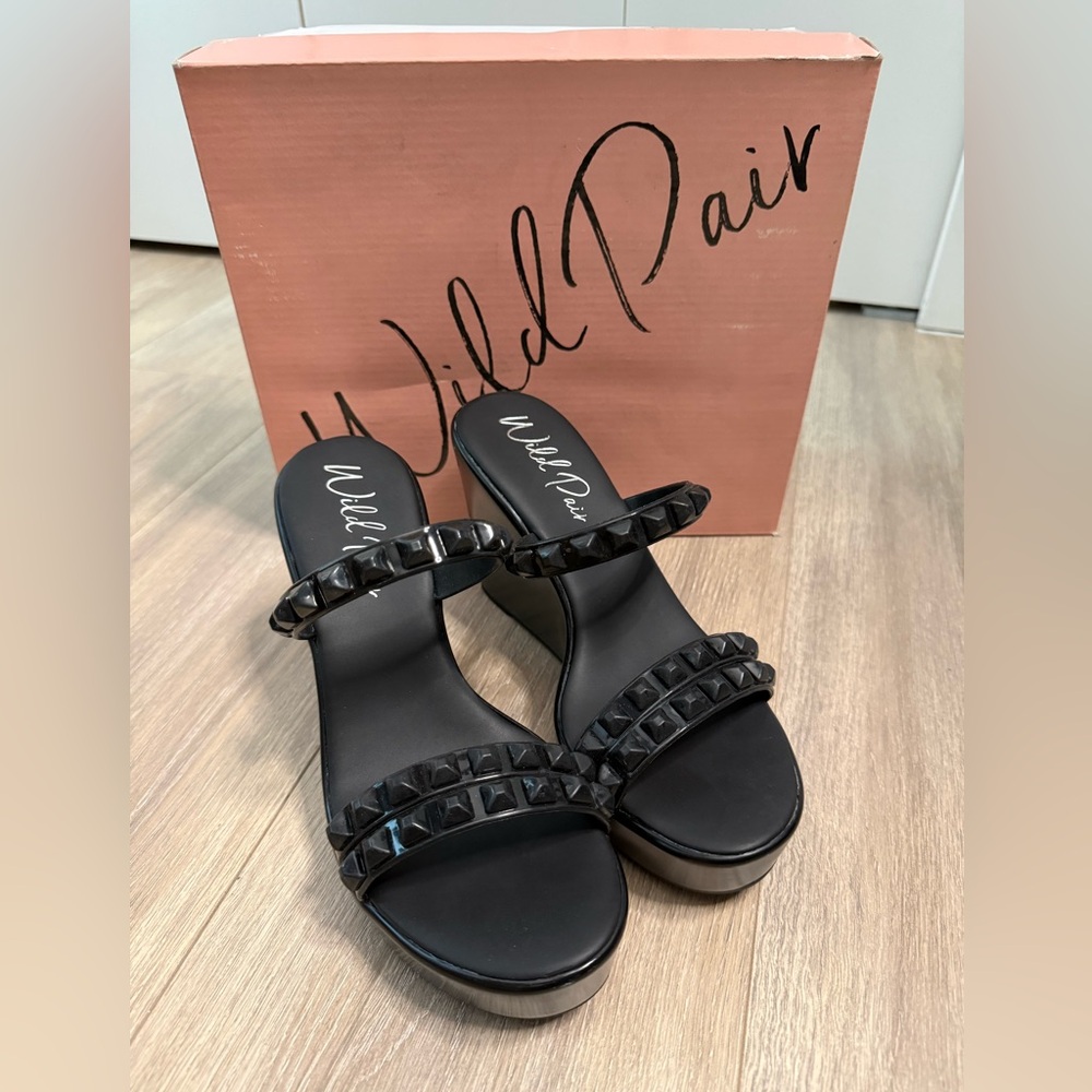 Wild Pair Black Studded Double-Strap Sandal Heels